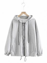 plus Size Women's Clothing Hoodie Spring And Autumn Hooded Lg Sleeve Jacket Casual Solid Colour Zipper Cardigan For Fat Ladies E3dV#