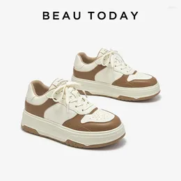 Casual Shoes BEAUTODAY Sneakers Women Genuine Leather Mixed Colours Round Toe Lace-up Thick-sole 2024 Ladies Handmade 29719