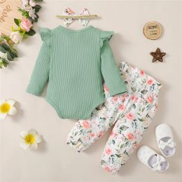 0-18 Monate Baby Girl Daily Clothes Set Green Long Sleeve Strampler Top + Blumen Hosen mit Stirnband Spring Schönes 3pcs Outfit