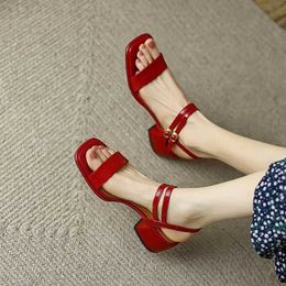 Sandals New Womens Fashion High Quality Shoes Double Button Middle Heel Solid Ankle Strap Dress H240328