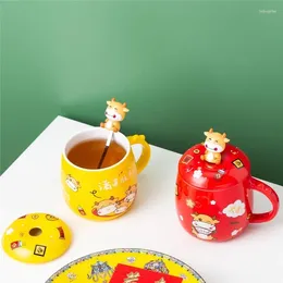 Mugs 3D Bull Figure Ceramic Cup Cute Cow Coffee Milk With Lid Spoon Couple