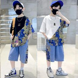 Clothing Sets Teenage Boy Summer Clothes Children's Bear Print Tshirts And Jeans Set Cartoon Short Sleeve Top Denim Shorts Kids Loungewear