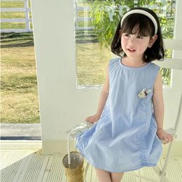 Summer Children Beach Dresses Girls Dress Cotton Cartoon Young Kids Solid Colour Sleeveless Loose Baby 240325