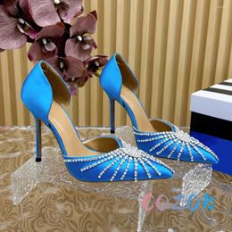 Dress Shoes Sexy Sky Blue Silk Pointed Toe Crystal Chain Hollow High Heels Leather Lining Large Size Women's Wedding