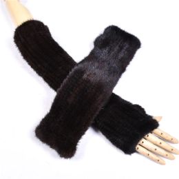 Women's Genuine Mink Fur Long Hepburn Style Gloves, Arm Warmers, Hand Knitted, High Elastic, Half Finger, Sleeve, Autumn, Winter