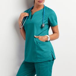 Women Short Sleeve Scrub Tops Solid Nurse Uniform V-Neck Pocket Care Workers T-Shirt Tops Clinic Beauty Salon Working Clothing