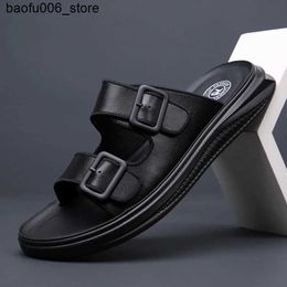 Sandals Mens black new double-layer leather slider mens fashion clothing Personalised sandals size 38-44 anti slip soft sole mens shoes Q240330