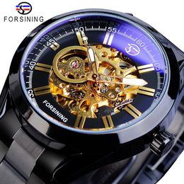 Forsining Steampunk Mechanical Watch Mens Automatic Skeleton Black Stainless Steel Belts Business Male Wristwatches Reloj Hombre267C