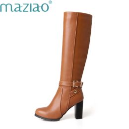 Boots MAZIAO 2019 Plus Size 3443 Women Boots Square Heels Round Toe KneeHigh Boots Woman Shoes Winter Boots Black Brown