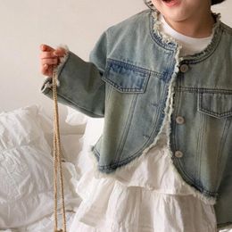 Jackets 2024 Spring Autumn Children Girls Denim Coat Washed Edge Long Sleeve Fashion Versatile Baby Cardigan Vintage Kid Girl Tops