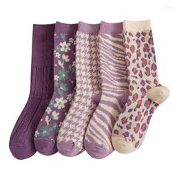 Women Socks Kf-5 Pairs Autumn And Winter Double Needle Road Women's Tube Purple Series