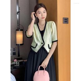 Work Dresses Vest Dress Sets Women 2024 Summer Short Sleeves V-neck Stitching Lace Single Buckle Cardigan Black Long Two-piece Suit