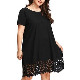 Plus Size Women Dress Sexy Lace Solid Short Sleeve O-Neck Hollow Out Casual Dress Bohemian Beach Holiday Loose Summer Mini Dress 240322