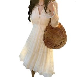 Casual Dresses Women'S Fashion V-Neck Long-Sleeved Dress Temperament High Waist Long Skirt Fashionable And Simple Clothing