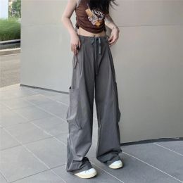 Women Casual Wide Leg Cargo Pants Y2k Oversize Drawstring Pockets Baggy Trouser Vintage Streetwear Low Waist Joggers Pants White