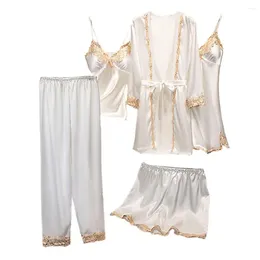 Home Clothing 5 Pcs/Set Women Pajamas Set Nightgown Nightdress Top Shorts Pants Silky Satin Lace Patchwork Homewear Sleepwear