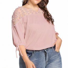 women Plue Size Blouses Tops Lace Mesh Sheer Chiff Ribbs Lantern Half Sleeve Net Yarn Blouses Top Oversizeed Shirts Blusas 12OZ#