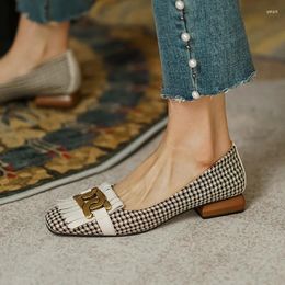Casual Shoes Style Retro Leather Women's Fashion Tassel Beads Square Toe Plaid Open Thick Heel Size 34-40 Handmade