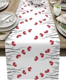 Table Runner Red Flowers Seasonal Summer Linen Dresser Scarves for Kitchen Holiday Indoor Dining Wedding Party Decorations yq240330