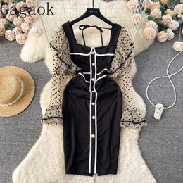 Casual Dresses Gagaok Elegant Dress Women Autumn Winter Polka Dot Mesh Ruffles Patchwork Square Neck Midi Bodycon Slim Chic Vestidos