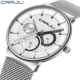 Mens Watches CRRJU Top Brand Luxury Waterproof Ultra Thin Date Clock Male Steel Strap Casual Quartz Watch White Sport WristWatch L2525