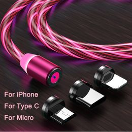 Mobile Phone Cable Magnetic Flow Luminous Lighting Charging Cord Charger Wire 1M-2M For Samaung Iphone Ipad LED Micro USB Type C