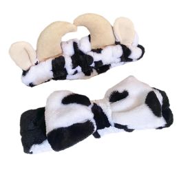 Cow Pattern Wash Face Hair Hoop Hairbands Soft Flannel Animal Horns Bowknot Headband for Women Girls Turban Hair Holder Dropship