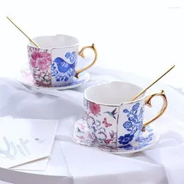 Cups Saucers European Style Exquisite Retro Gold Painted Flower And Bird Asymmetric Ceramic Coffee Cup Plate Set Tea