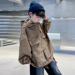 Jackets 2024 Korean Spring Autumn Children Boy Outdoor Jacket Teenager Multi Pocket Hooded Half Zip Coats Junior Sweat