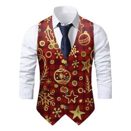 Christmas Santa Clause Red Vest For Man Family Party Clothing Elk Candy Cane Snowman Print Waistcoat Single-Breasted Set