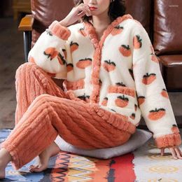 Home Clothing Women Coral Velvet Pajama Set Cozy Cartoon Fruit Print Winter For Thick Fleece Homewear With V Neck Top