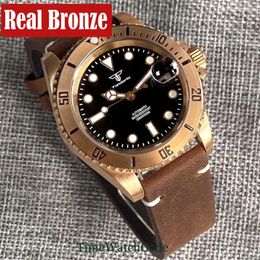 Wristwatches Tandorio CUSN8 Solid Real Bronze Automatic Watch For Men NH35A PT5000 Movement 20BAR Diving Leather Strap Sapphire Crystal 40mm