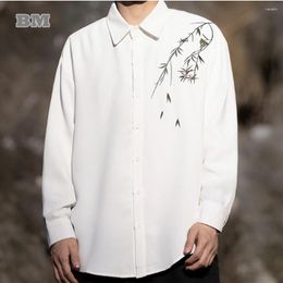 Men's Casual Shirts Chinese Traditional Dress Bamboo Leaf Embroidery Vintage Long Sleeve Men Clothing Plus Size Shirt Tai Chi Tops