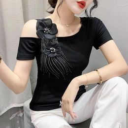 Women's T Shirts Summer Cotton T-Shirt Chic Sexy Skew Collar Shiny Diamonds Women Tops Applique Short Sleeve Tees