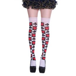 Halloween Women Thigh High Stockings Poker Card Suit Print Over Knee Long Socks