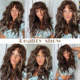 HAIRCUBE Long Kinky Curly Fake Hair Synthetic Wigs for Afro Women Dark Brown Deep Wave Wigs With Bangs Daily Cosplay Fibre Wigs