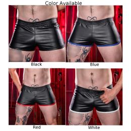 Mens Male Faux Leather Gym Sports Shorts Retro Gay Adult Boxer Fetish Underwear U Convex Pouch Flat Boxers Gay Sexy Underwear