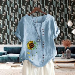 Women's T Shirts Shirt Clothing Lady's Round Neck Printed Loose Cotton Linen Short Sleeve Sunflower Pattern Pullover Top For Summer