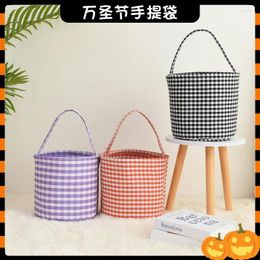 Party Decoration Halloween Plaid Handheld Basket Cross Border 2024 Jute Canvas Bucket Decorative Gift