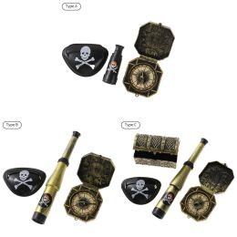 Pirates Caribbeans Captain Cosplay Child's Pirate Eye Patch Skull Telescope Compass Treasure Chest Box for Halloween Theme Party