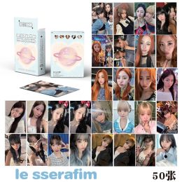 50PCS KPOP LESSERAFIM Laser Album Card Round Corner LOMO Card KIM CHAEWON SAKURA HUH YUNJIN KAZUHA HONG EUNCHAE Postcard Photo