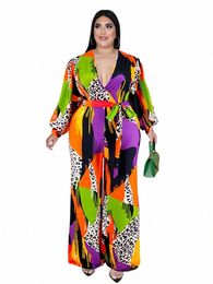 wmstar Plus Size Jumpsuit Women Print Fall Clothes One Piece Outfit Casual Wide Leg Bodysuit with Bandage Wholesale Dropship O0hm#