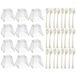 Disposable Cups Straws 1Set Wide Mouth Dessert Cup With Fork Spoon Party One-off Utensil Supply Golden