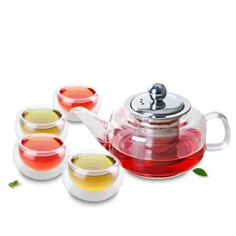 Teaware Sets 1x 5in1 Coffee Tea Set-430ml Heat-Resisting Glass Pot With Stainless Steel Infuser& Filter 4 Double Wall Layer Cup