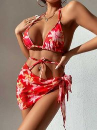 Women's Swimwear Summer beach suit womens printed swimsuit 3-piece swimsuit open back bikini beach suit vacation suit split style swimsuit J240330