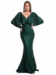 romagic Elegant V Neck Formal Party Dr Full Sleeve With Cape Sequin Modest Evening Gown Sexy Backl Women Dres 2024 58qA#