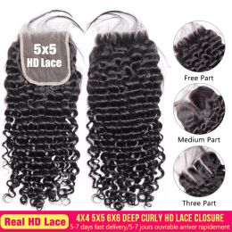 Megeen Deep wave HD Lace Closure 10-24 Inch Curly 4x4 5x5 6x6 Transparent Lace Frontal Closure Brazilian Remy Human Hair Remy