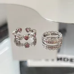 Cluster Rings Pink Zircon Heart Open Korean Style Simple Personality Opening Ring Anniversary Gifts For Girls