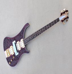 Factory Dark Brown Electric Bass Guitar with 4 Strings and Gold Hardware Leaves the threedimensional sculptureWhite Pearl Stars4929645