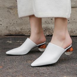 Slippers Woman Real Cow Leather Shoes Women Pointed Toe Mules Ball Clear Heels Sheepskin Summer Pantoufle
